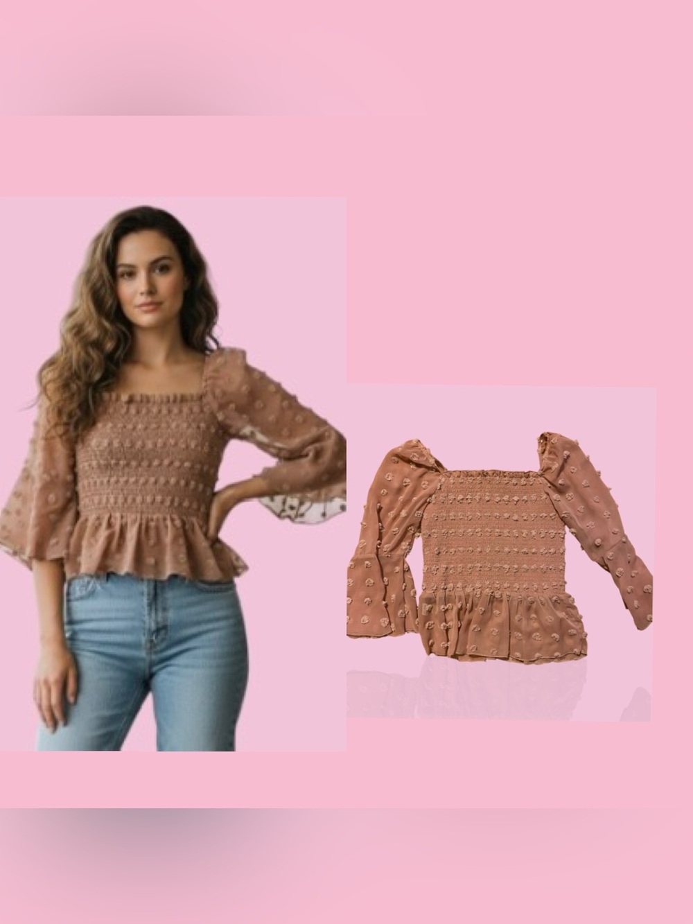 Smocked Square-Neck Peplum Blouse in Mauve Brown